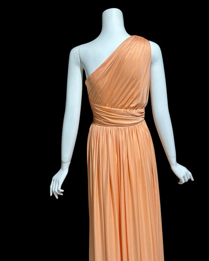 OLE BORDEN for Lillie Rubin, 1970s peach one shoulder evening gown, draped pleated grecian goddess gown