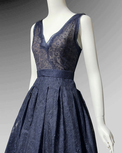 OLDRIC ROYCE by Tony Abate, vintage 1950s evening cocktail dress, navy organza fit and flare party dress
