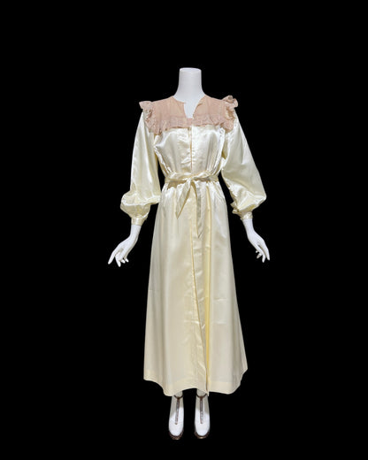 1930s vintage nightgown robe set, candlelight cream and old rose shiny night dress bridal trousseau