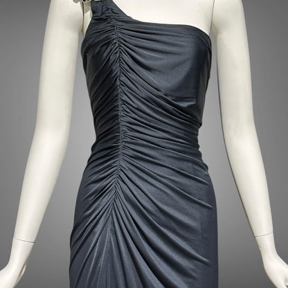 EUGENE ALEXANDER, vintage 1980s evening dress, Slinky Black sheath One Shoulder Grecian Goddess gown