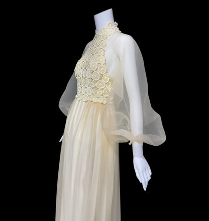 CYRELD PARIS, vintage 1970s yellow chiffon evening dress, WERLE Beverly Hills sheer bishop sleeves