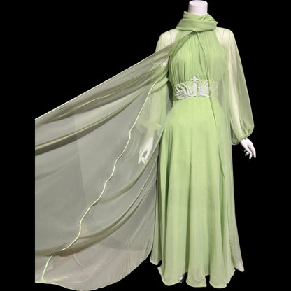 LILLIE RUBIN vintage 1970s green chiffon evening dress gown, Collection 700, matching scarf cape