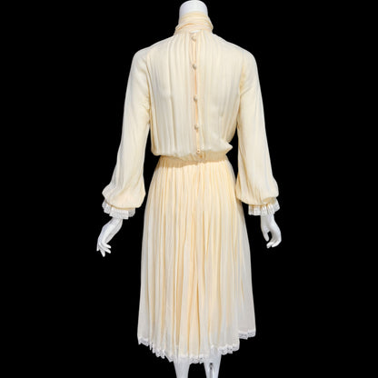 BILL BLASS, vintage 1970s silk secretary day dress, yellow buttercream ascot Blouson dinner dress