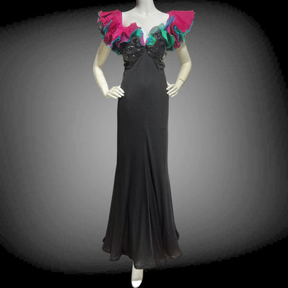 EUGENE ALEXANDER, vintage 1980s evening gown, Black sheath dress, HUGE ruffle collar, Sequin Bodice, on or off shoulders