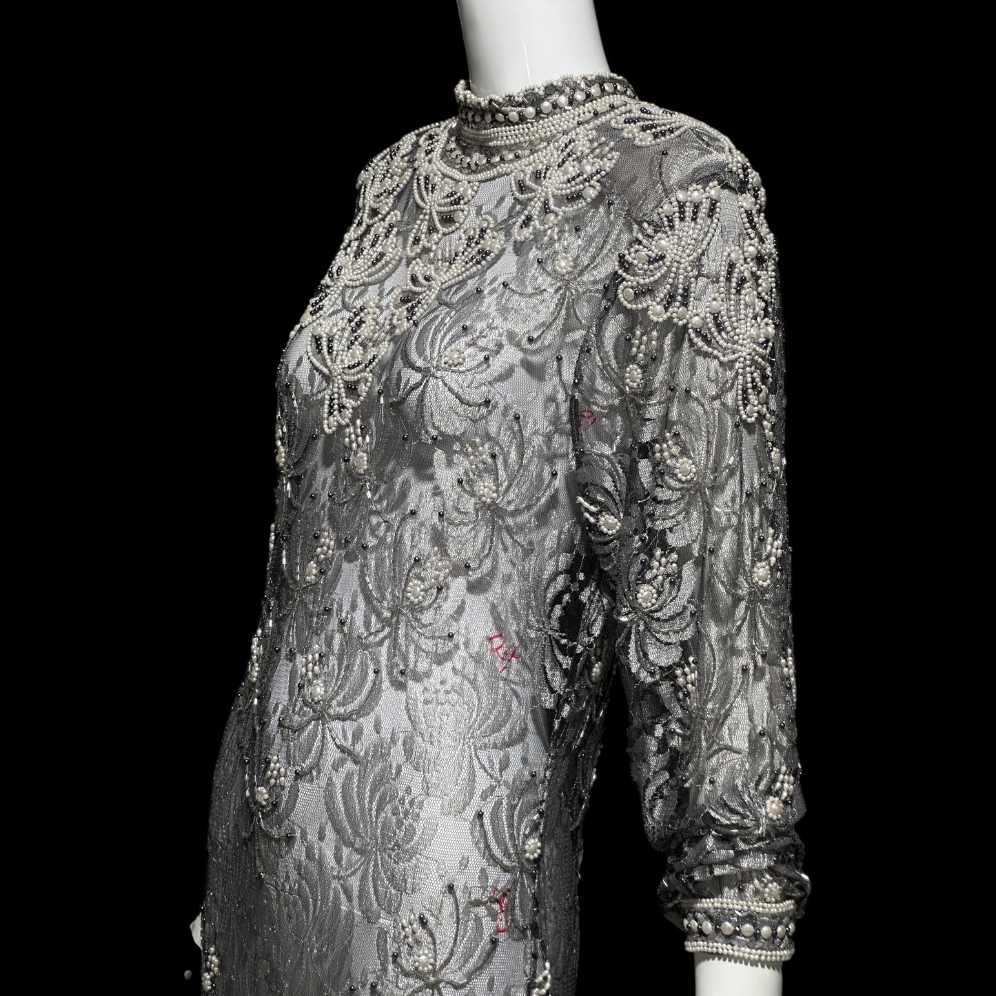 JUDITH ANN, Vintage 1980s sheer beaded dress, Black sheer mesh with beads, Hight neck with ruffle sheath cocktail party dress