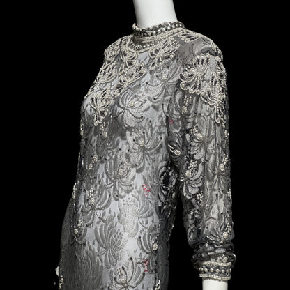 JUDITH ANN, Vintage 1980s sheer beaded dress, Black sheer mesh with beads, Hight neck with ruffle sheath cocktail party dress