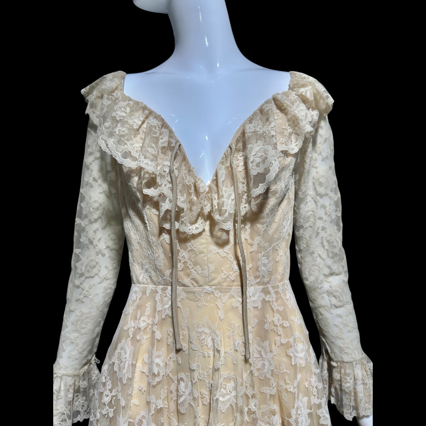 LES WILK 1970s vintage evening dress, lace beige ruffle deep V neckline full sweep wedding dress