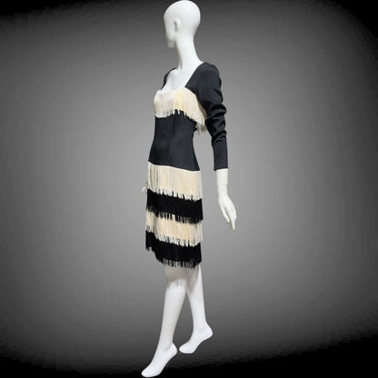 TRAVILLA vintage evening cocktail dress, 1960s black white fringed mod party dress