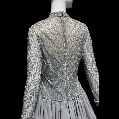 BOB MACKIE, vintage 1980s evening dress ball gown, Silver grey heavily beaded taffeta gown, Long sleeve high neck