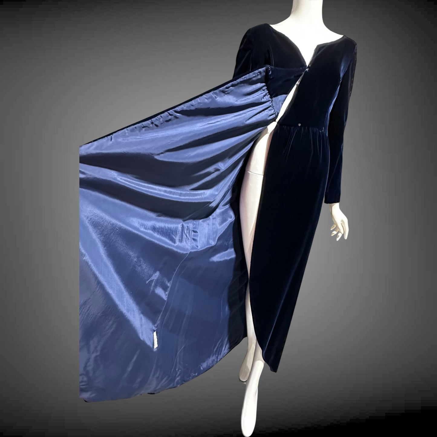 MOLLIE PARNIS vintage 1960s blue velvet wrap evening dress, Morty Sussman