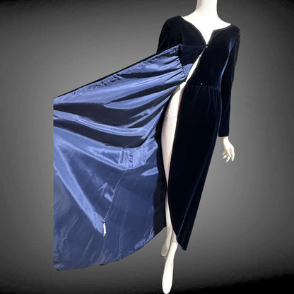 MOLLIE PARNIS vintage 1960s blue velvet wrap evening dress, Morty Sussman