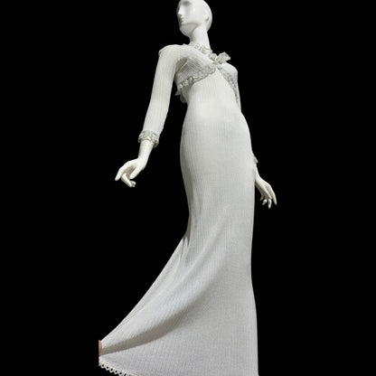 1970s vintage bodycon knit evening dress, Silver Metallic Lurex Sheath Maxi Dress