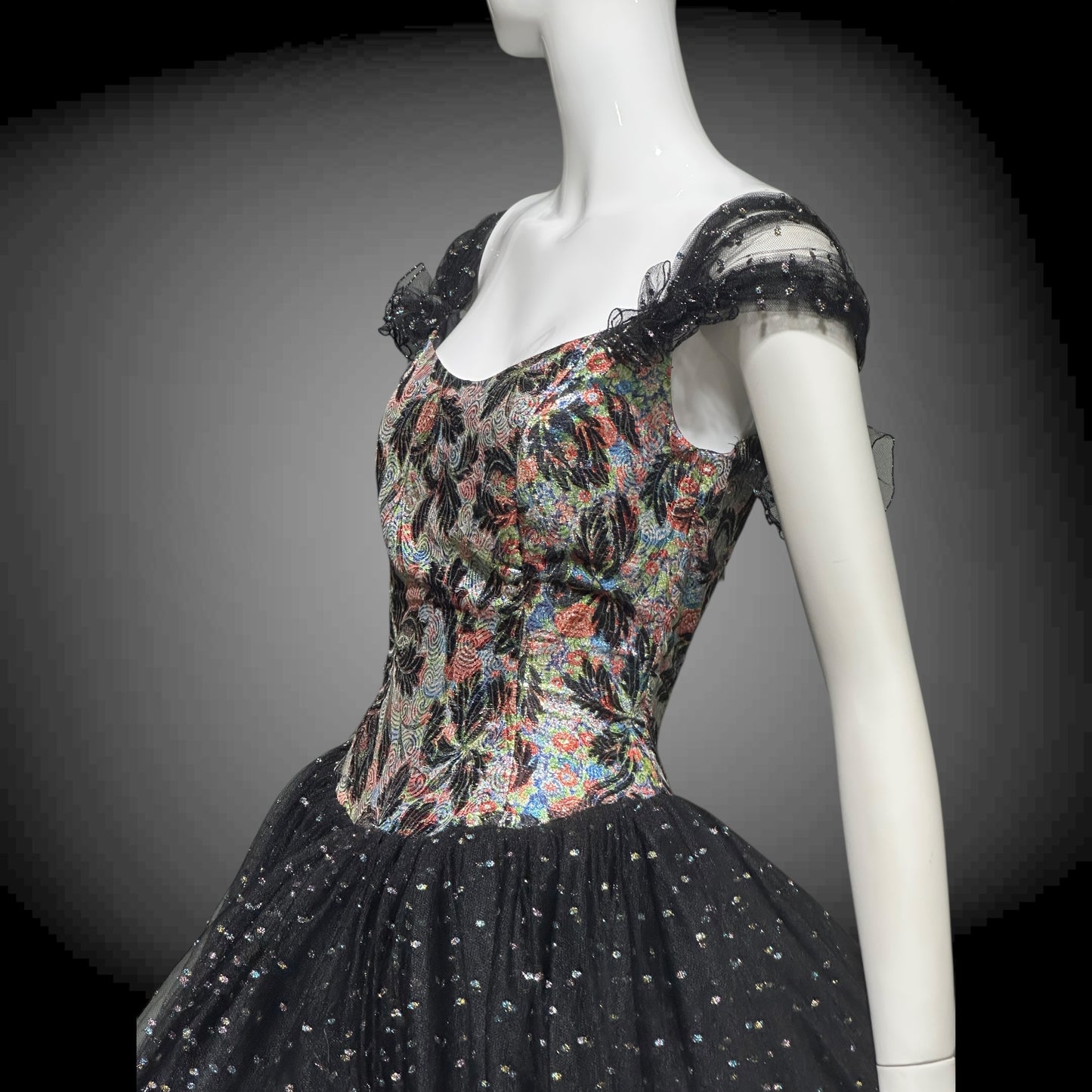 DAVID FIELDEN London, SAKS 1980s Party Dress, Silk Insane Tutu tulle lame party dress