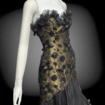 DAVID FIELDEN vintage 1980s evening dress, Party Dress, Black and Bronze All Silk Hi Low Ruffle dress