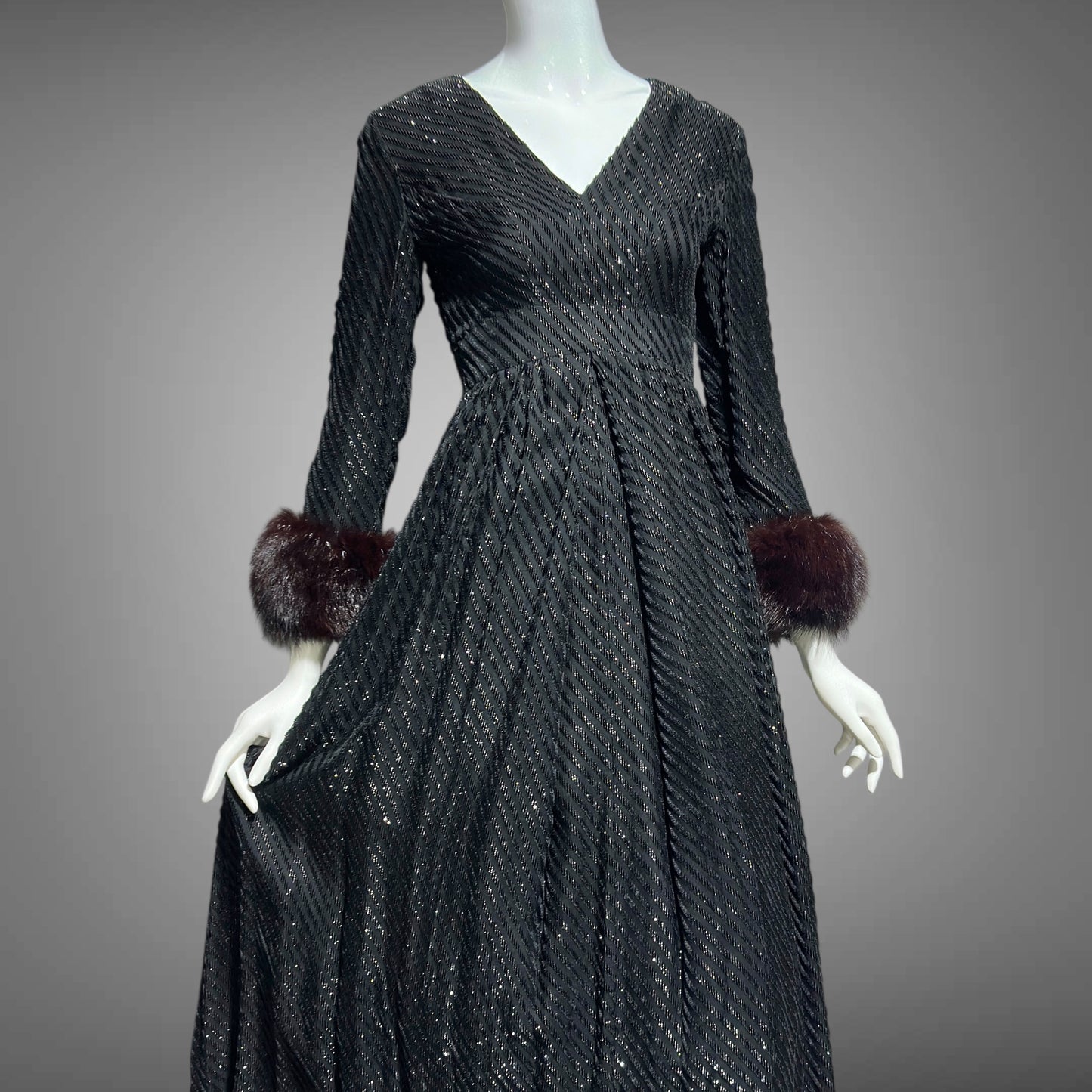 LILLIE RUBIN Vintage 1970s evening gown, Black eye lash Sparkly Gown with Fur Cuffs
