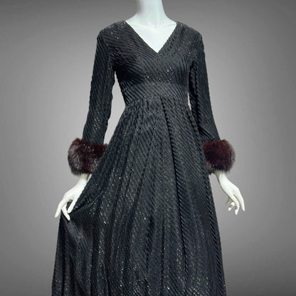 LILLIE RUBIN Vintage 1970s evening gown, Black eye lash Sparkly Gown with Fur Cuffs