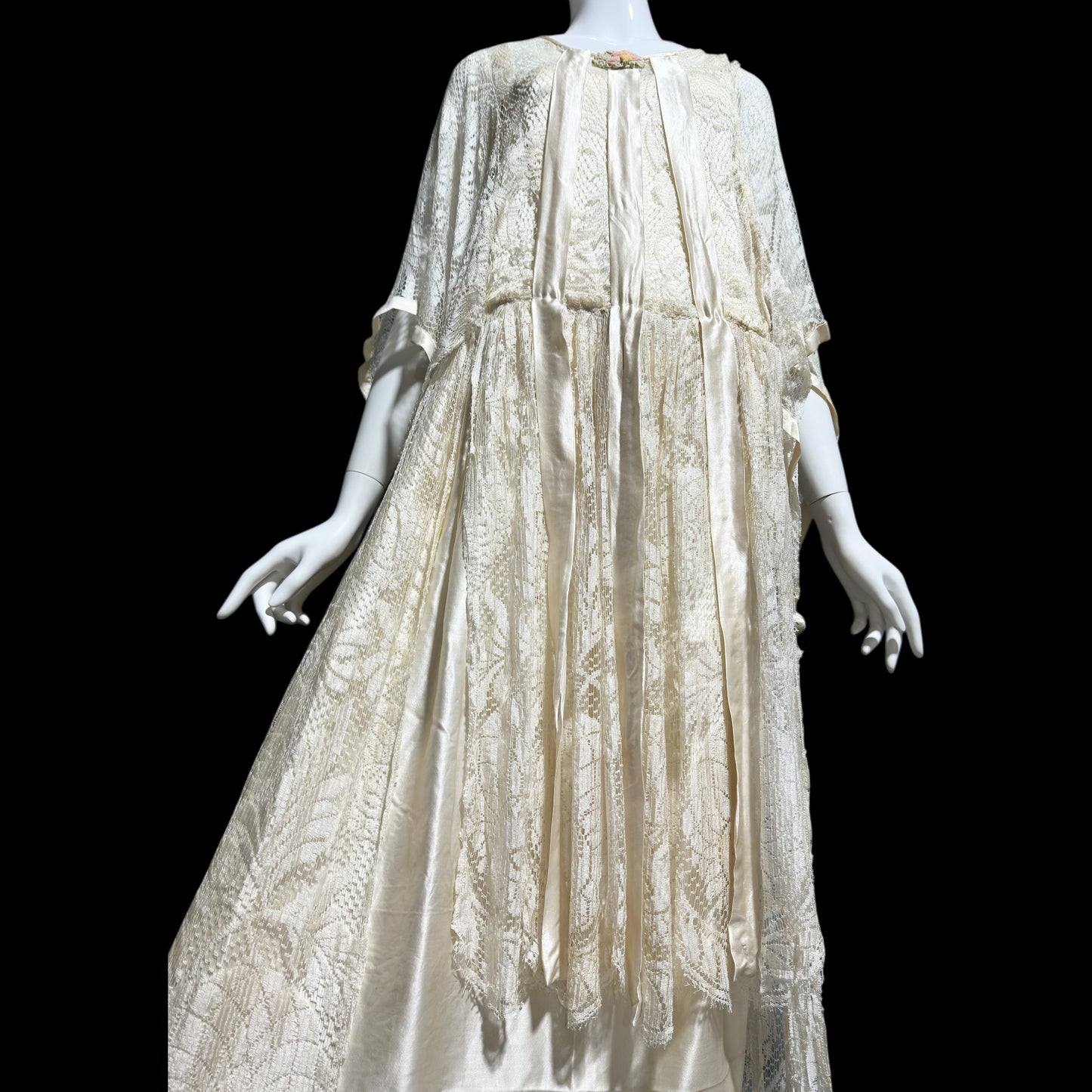 1920s Antique vintage wedding dress, Handmade candlelight white silk and lace slip dress with scarf sleeves, bridal flapper dress