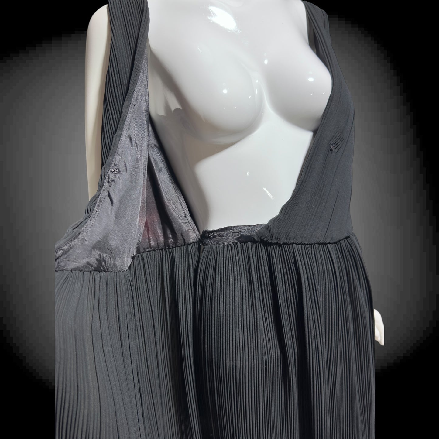 MARSHALL ROUSSO Las Vegas, vintage 1970s evening dress, black pleated plisse wrap front grecian goddess gown