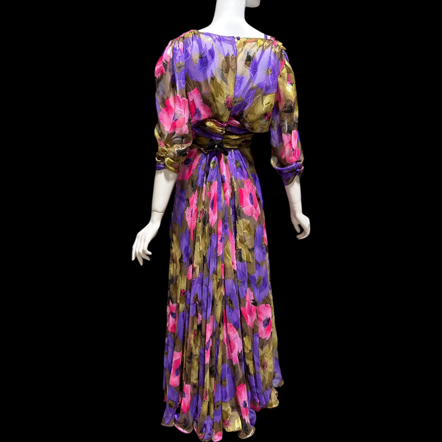 FRANK USHER LONDON, vintage 1970s evening dress, jewel tone floral chiffon with gold metallic