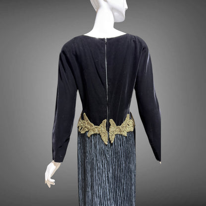 MARY MCFADDEN vintage evening dress, 1980s Designer Glam Black velvet plisse cocktail party dress