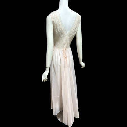 ODETTE BARSA vintage 1940s nightgown slip dress, Sheer pale pink with white lace full sweep Old Hollywood gown