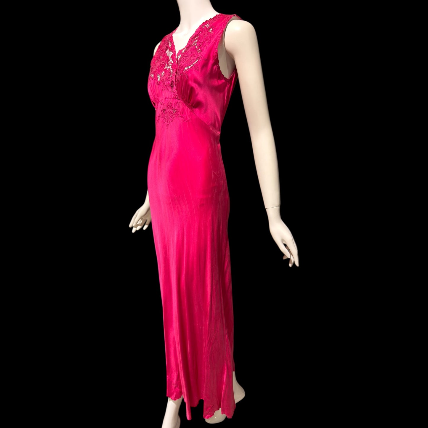 PEONY vintage 1950s Silk Nightgown Slip Dress: Made in SHANGHAI Embroidered Magenta bias cut gown