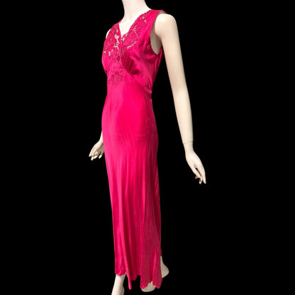 PEONY vintage 1950s Silk Nightgown Slip Dress: Made in SHANGHAI Embroidered Magenta bias cut gown