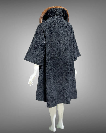 LILLI ANN 1950s vintage swing coat, Black boucle evening swing coat with mink collar