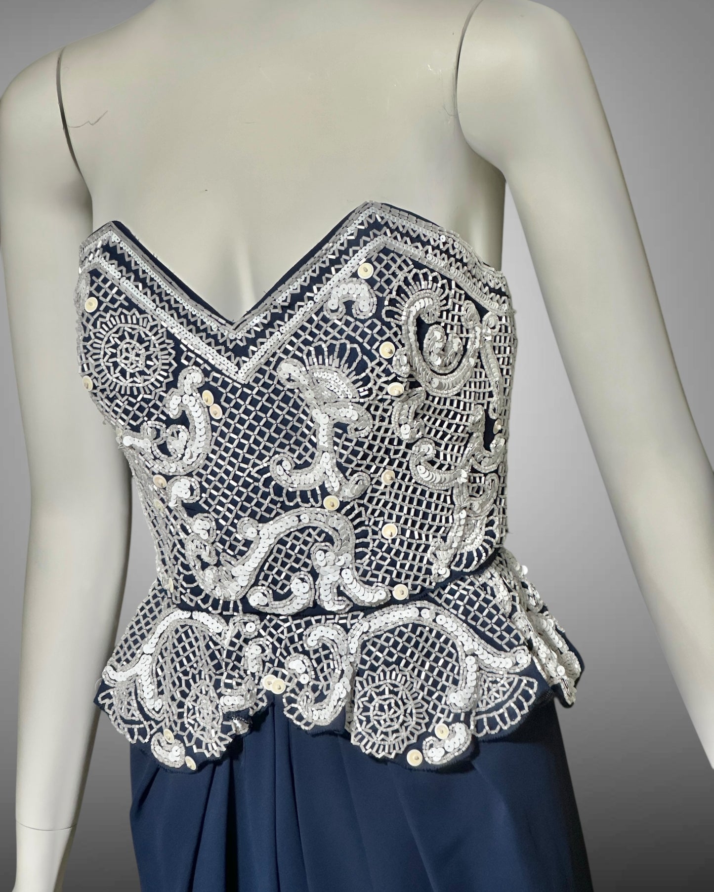 FABRICE SILHOUETTE 1980s vintage evening dress, Navy Blue and white beads and sequins strapless peplum formal gown