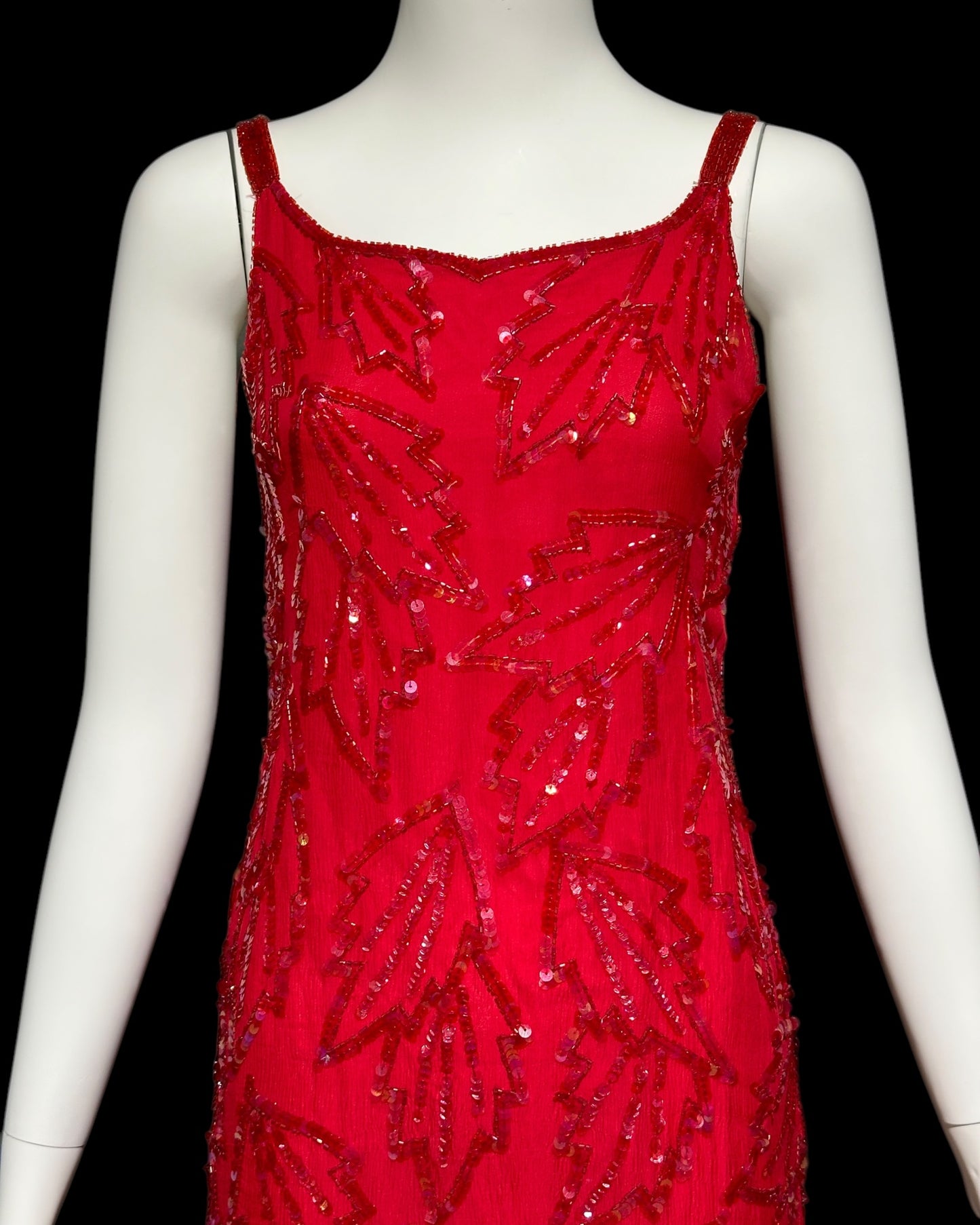 KAYE LOUISE vintage 1990s evening dress, red 100% silk and sequin cocktail party slip dress