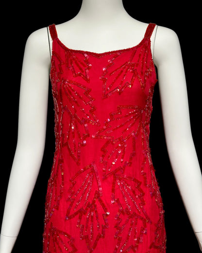 KAYE LOUISE vintage 1990s dress, red 100% silk and sequin beaded cocktail party slip dress