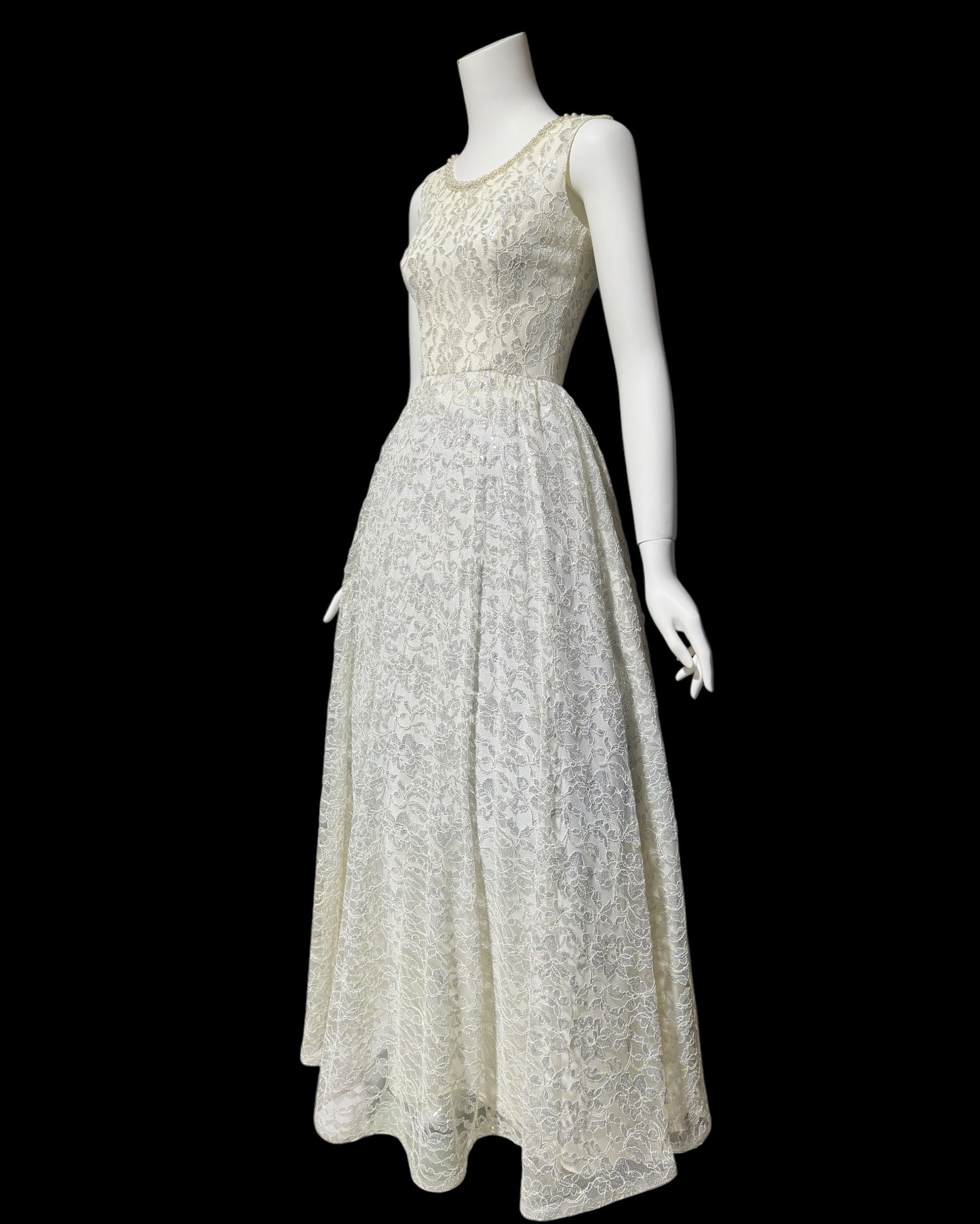 1960s vintage wedding dress, Full length white and silver lace princess evening gown