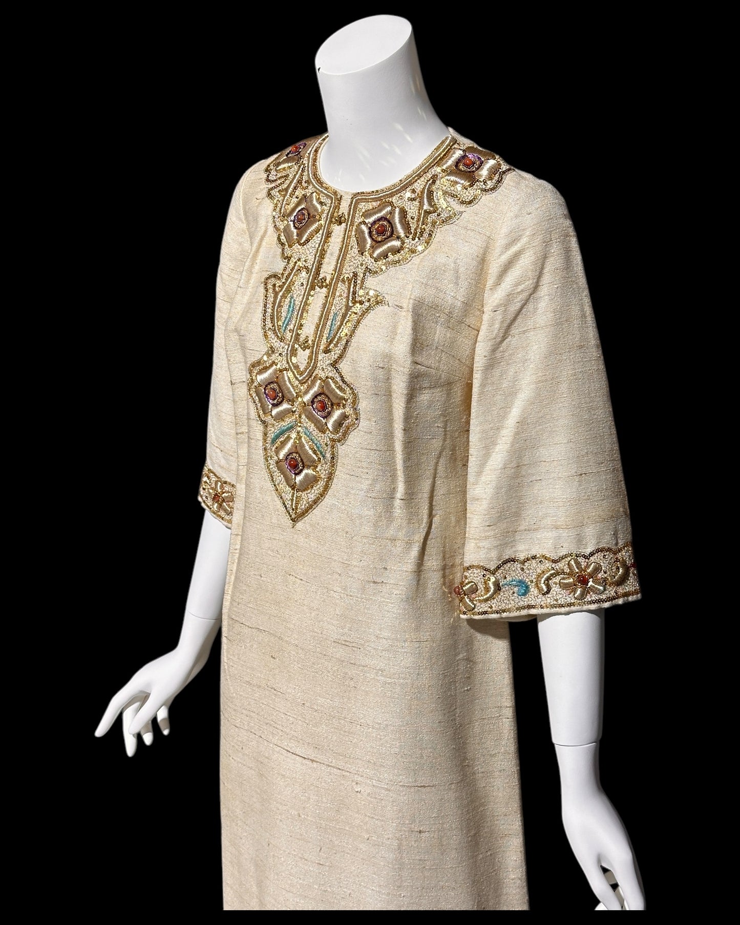 1960s vintage raw silk caftan dress, Custom made zardozi style embroidered Kaftan beaded evening gown