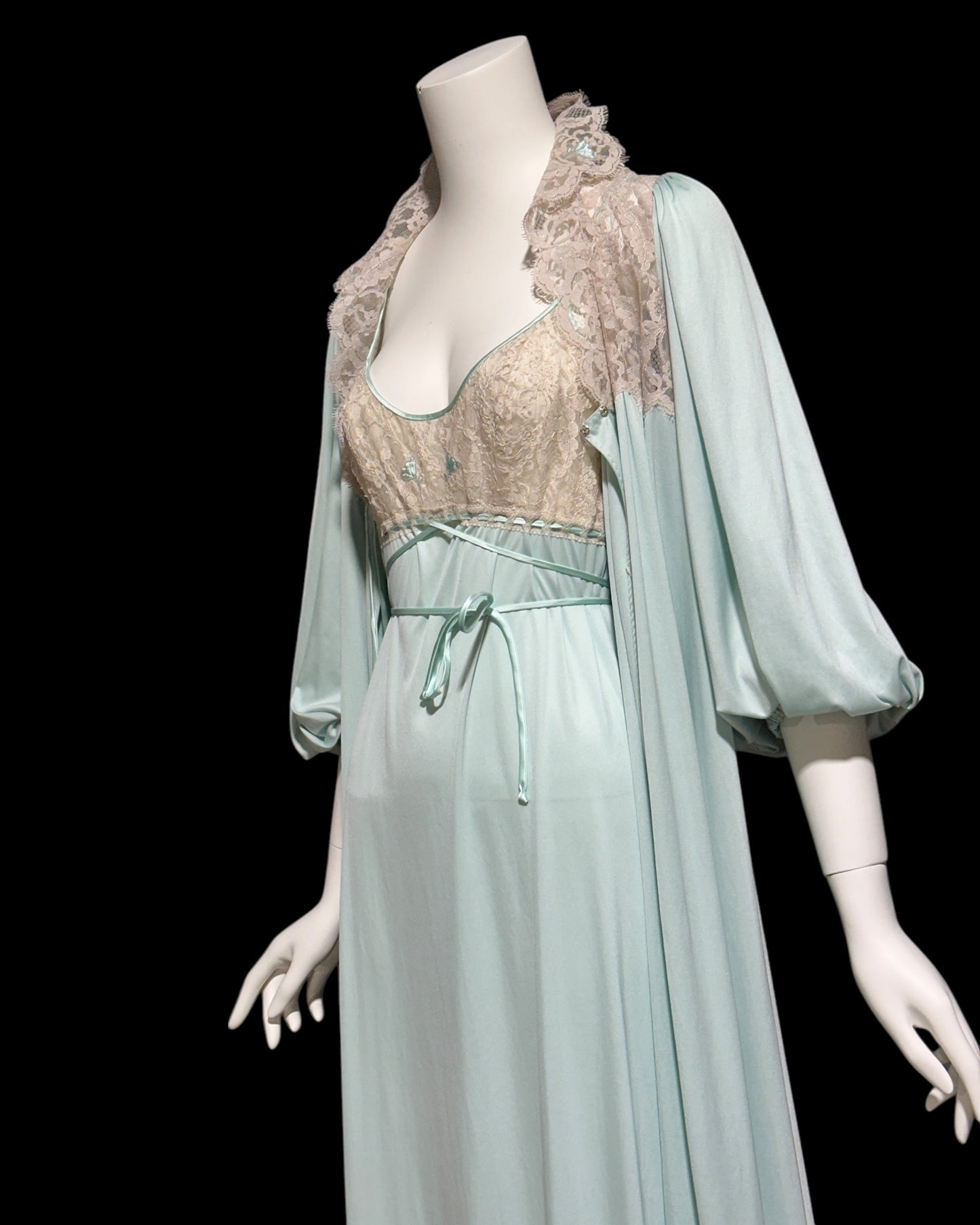 CLAIRE SANDRA Lucie Ann, Neiman Marcus, 1960s vintage nightgown robe set, seafoam green peignoir set, slip dress and housecoat