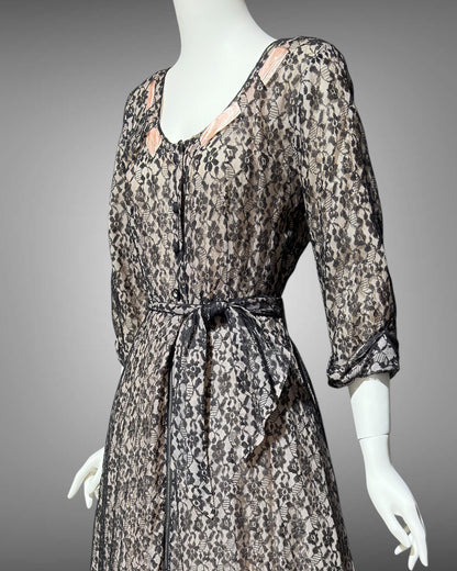 FLOBERT vintage 1940s black lace dressing gown robe, sheer black lace with pink ribbon trim