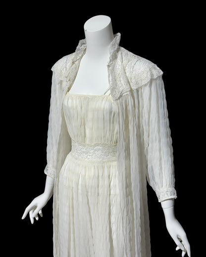 TULA vintage 1940s peignoir set,  white sheer tone on tone wedding bridal seersucker