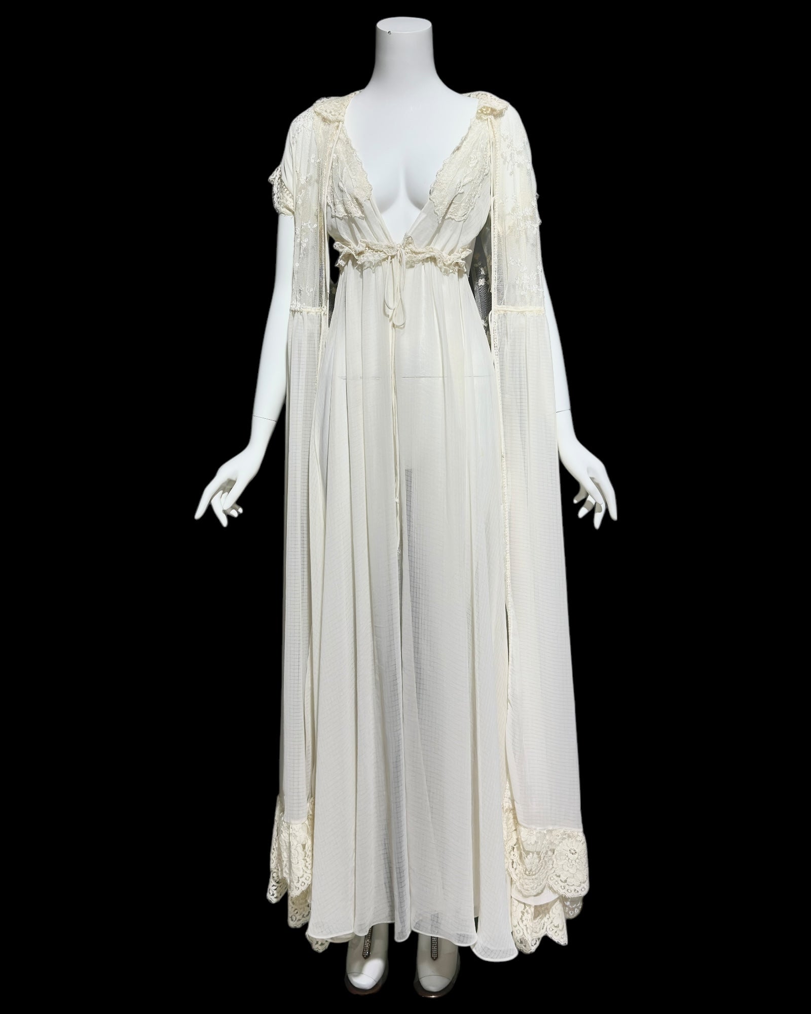 BONNIE STRAUSS vintage nightgown dressing gown set, 1980s completely sheer almond white backless robe and slip dress set