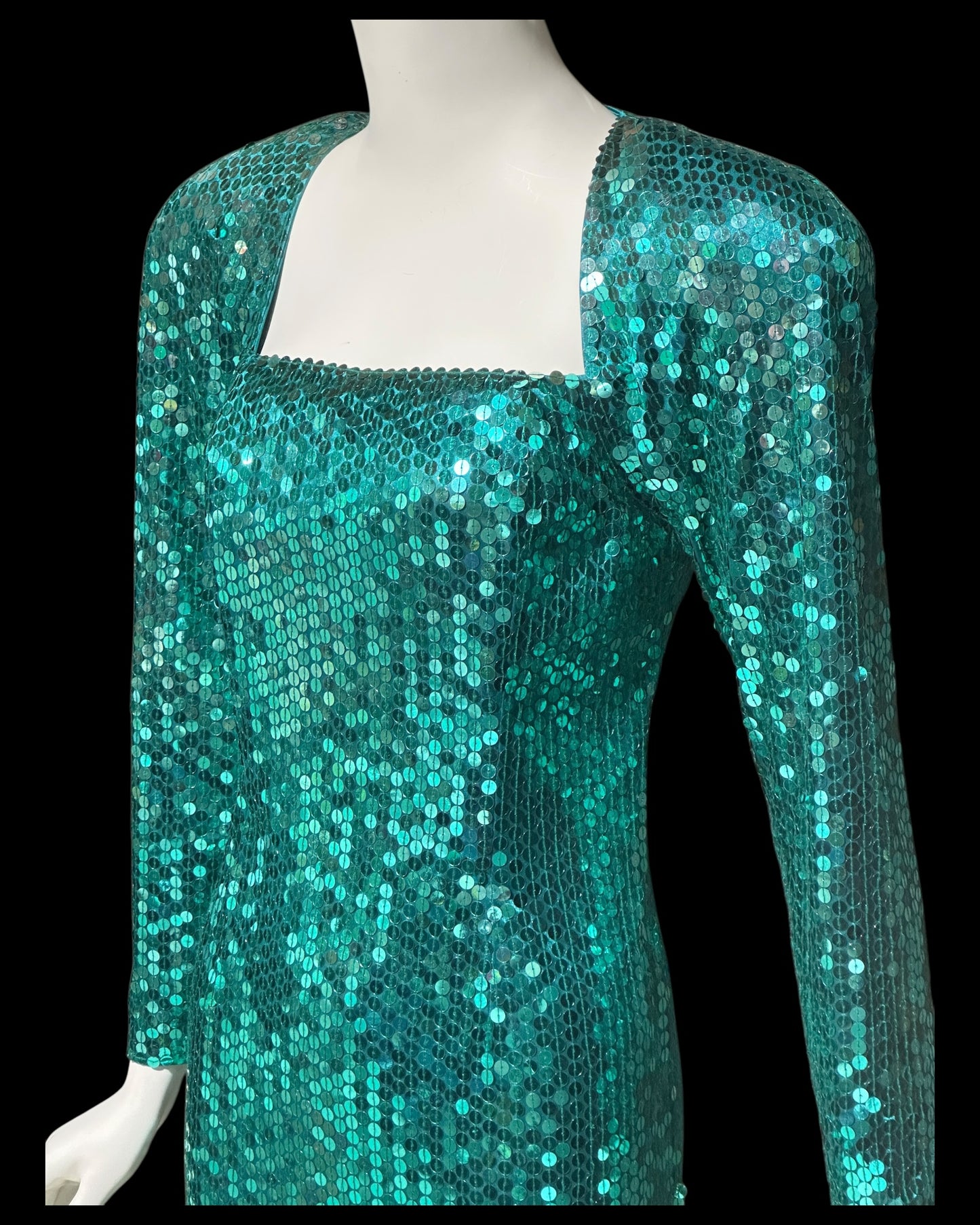 OLEG CASSINI vintage 1980s bodycon sequin gown, Mermaid teal green sheath gown with open back