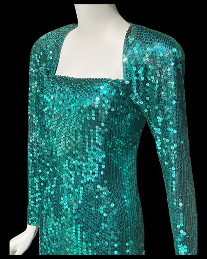 OLEG CASSINI vintage 1980s bodycon sequin evening gown, Mermaid teal green sheath gown with open back