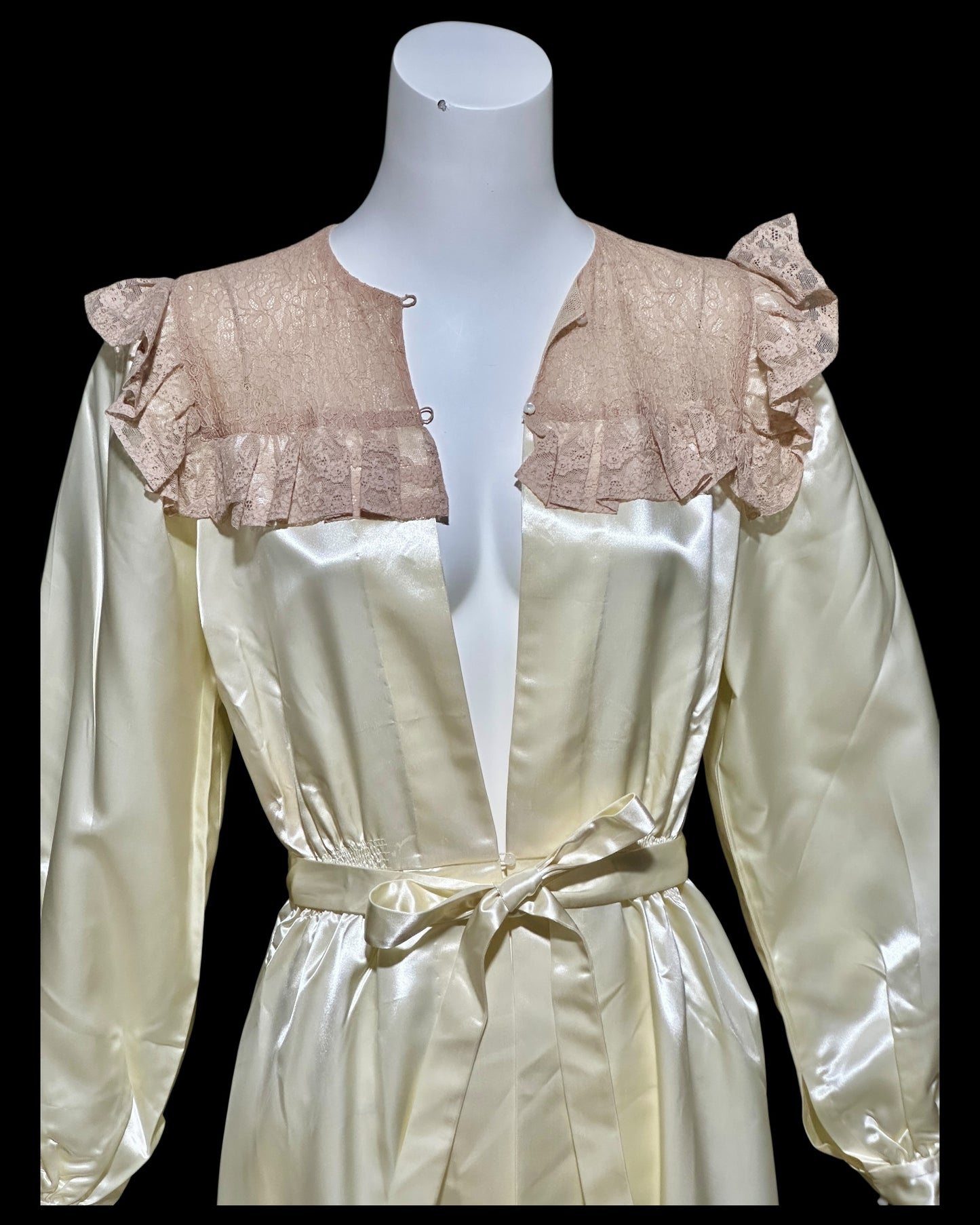 1930s vintage satin dressing gown robe, shiny candlelight and pink lace peignoir housecoat