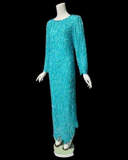 1980s Vintage Turquoise blue silk beaded full length sheath evening gown, Silver beads long sleeves and sequins