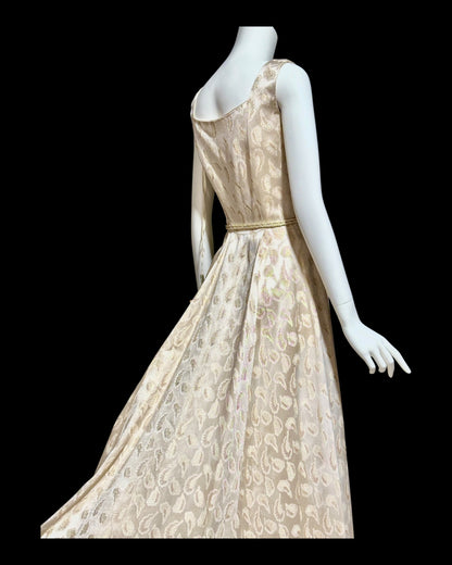 B. COHEN vintage 1940s silk dressing evening gown, house dress, ivory gold metallic feather button front