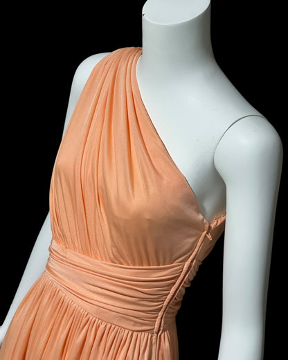 OLE BORDEN for Lillie Rubin, 1970s peach one shoulder evening gown, draped pleated grecian goddess gown