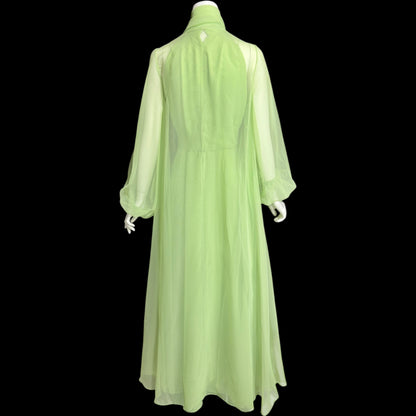 LILLIE RUBIN vintage 1970s green chiffon evening dress gown, Collection 700, matching scarf cape