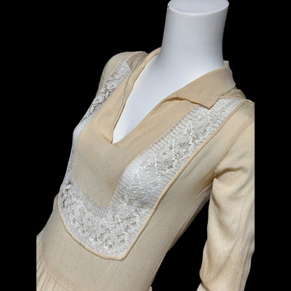 1920s vintage creamy yellow Hungarian style day dress with white lace antique flapper dress