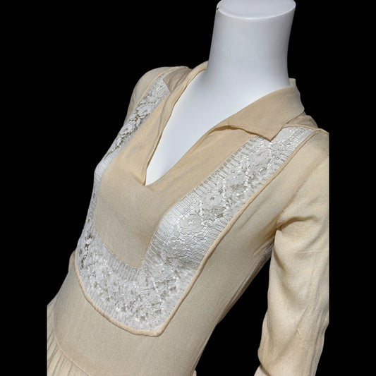 1920s vintage antique flapper dress, creamy yellow Hungarian style day dress with white lace