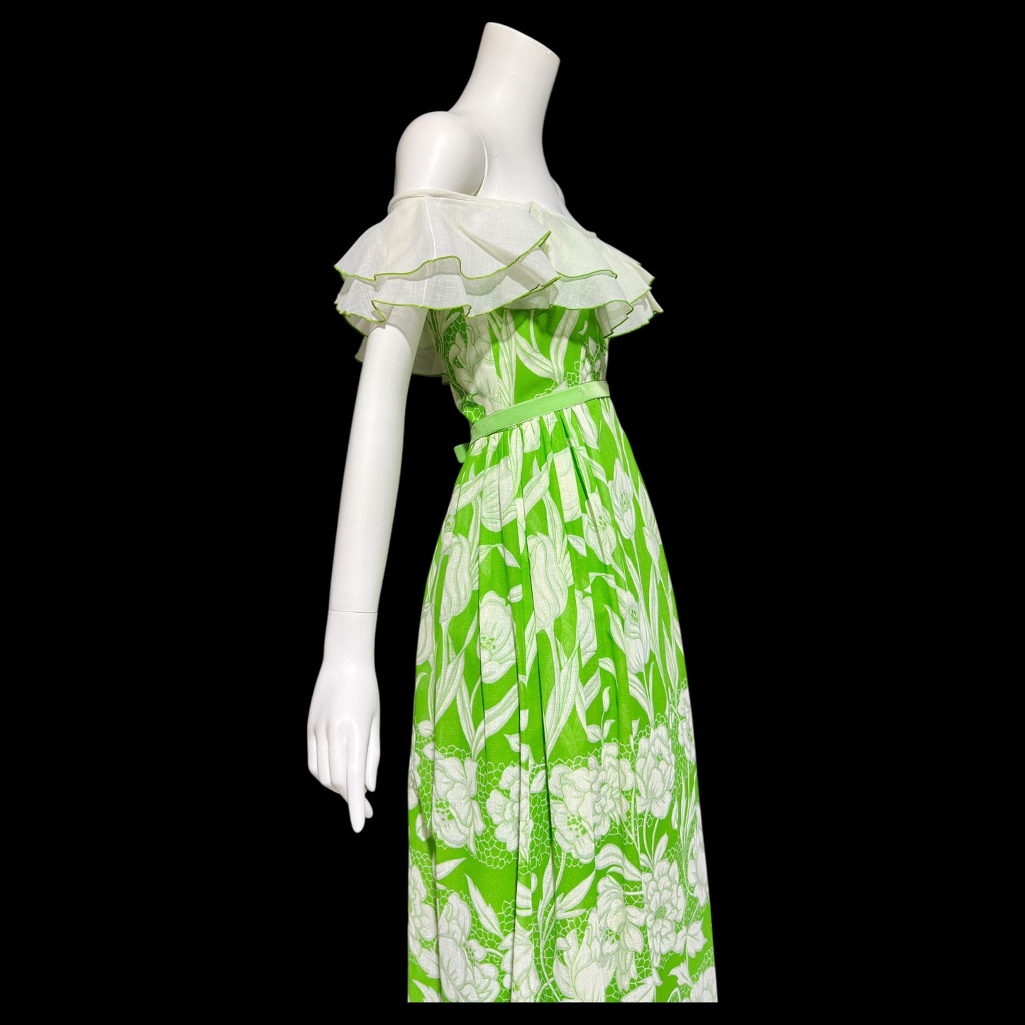 1970s vintage off shoulder maxi dress, Ruffle collar, sheer green and white floral, organza evening party dress