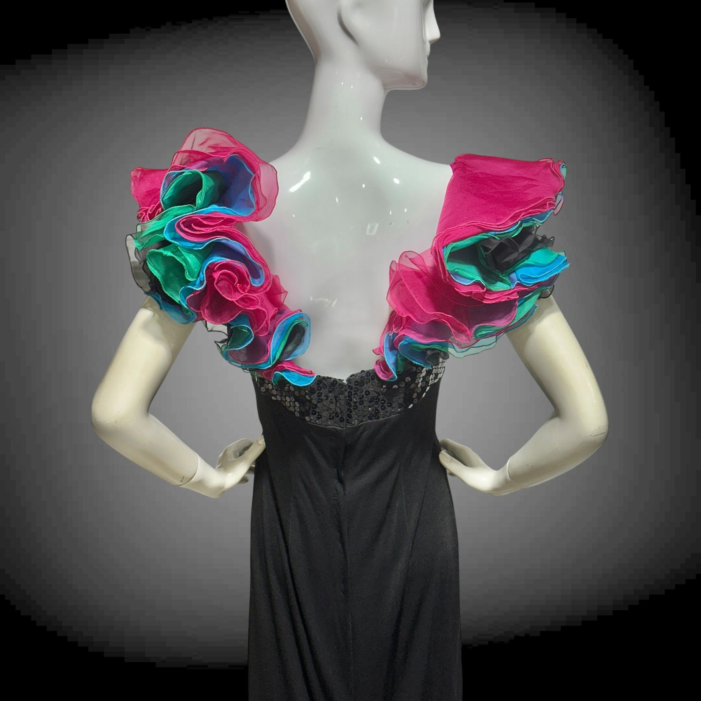 EUGENE ALEXANDER, vintage 1980s evening gown, Black sheath dress, HUGE ruffle collar, Sequin Bodice, on or off shoulders