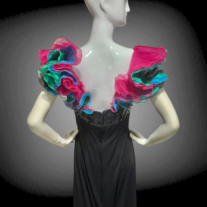 EUGENE ALEXANDER, vintage 1980s evening gown, Black sheath dress, HUGE ruffle collar, Sequin Bodice, on or off shoulders