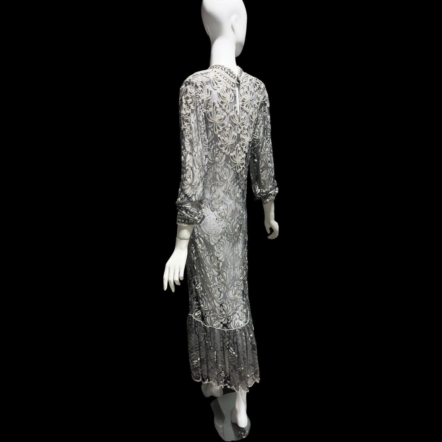 JUDITH ANN, Vintage 1980s sheer beaded dress, Black sheer mesh with beads, Hight neck with ruffle sheath cocktail party dress